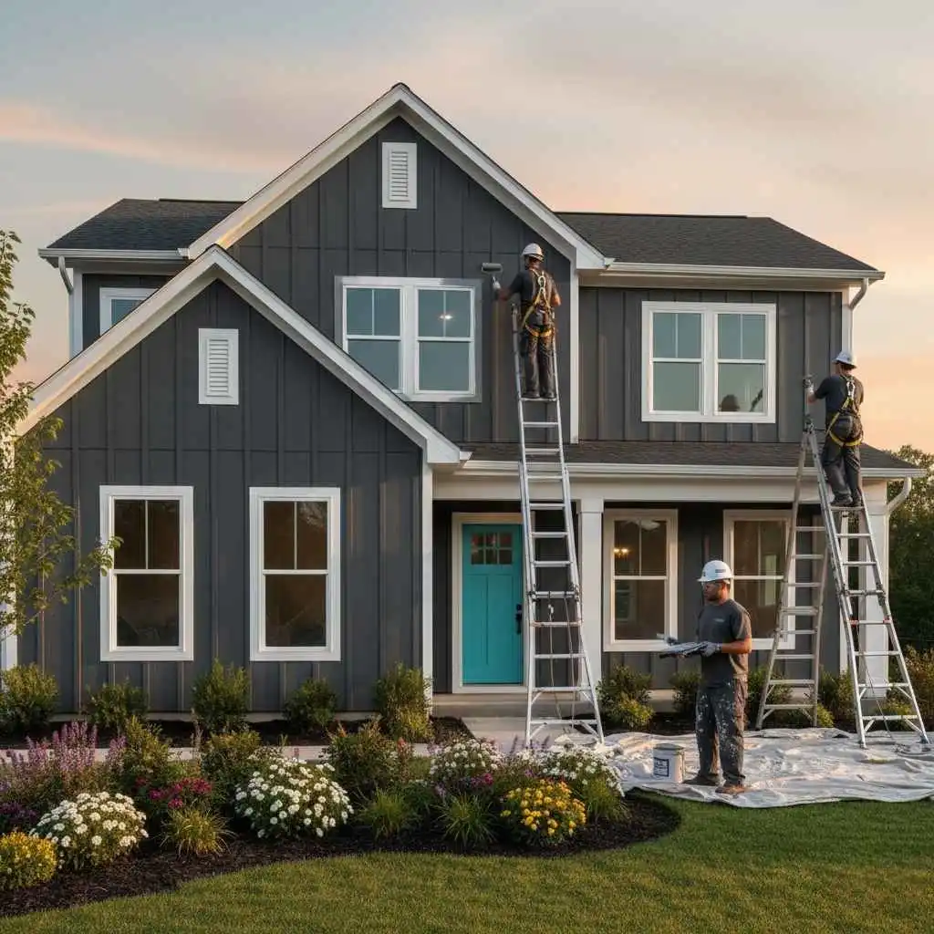 exterior painting crew working safely on ladders