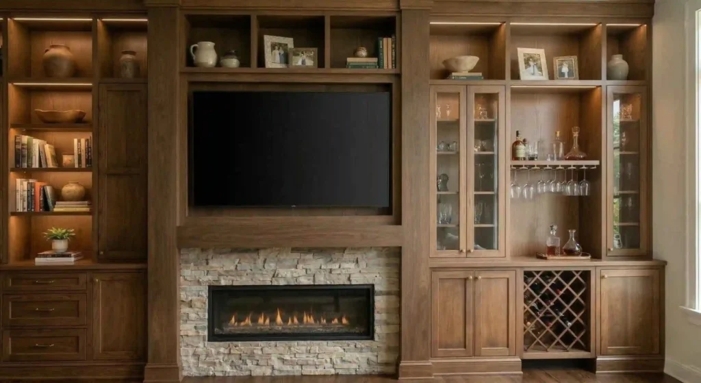 built-in cabinets and shelves framing a mounted television.