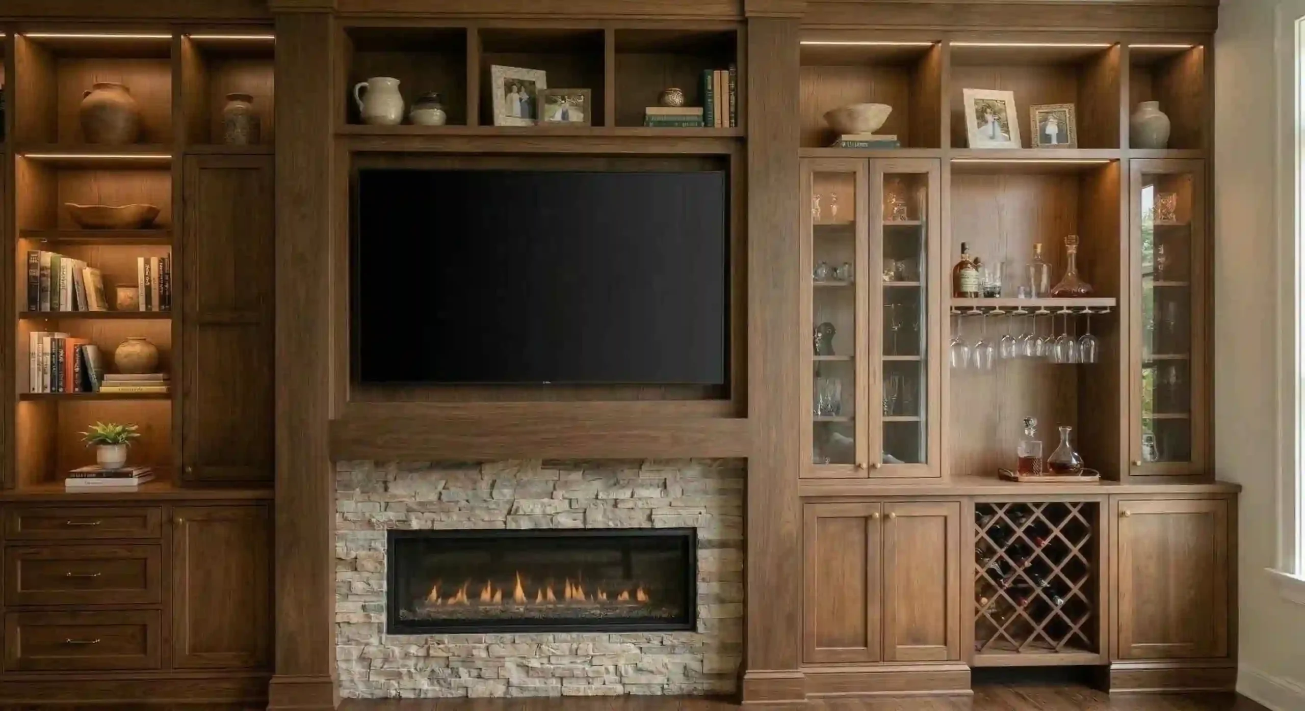 Built-in cabinets and shelves framing a TV