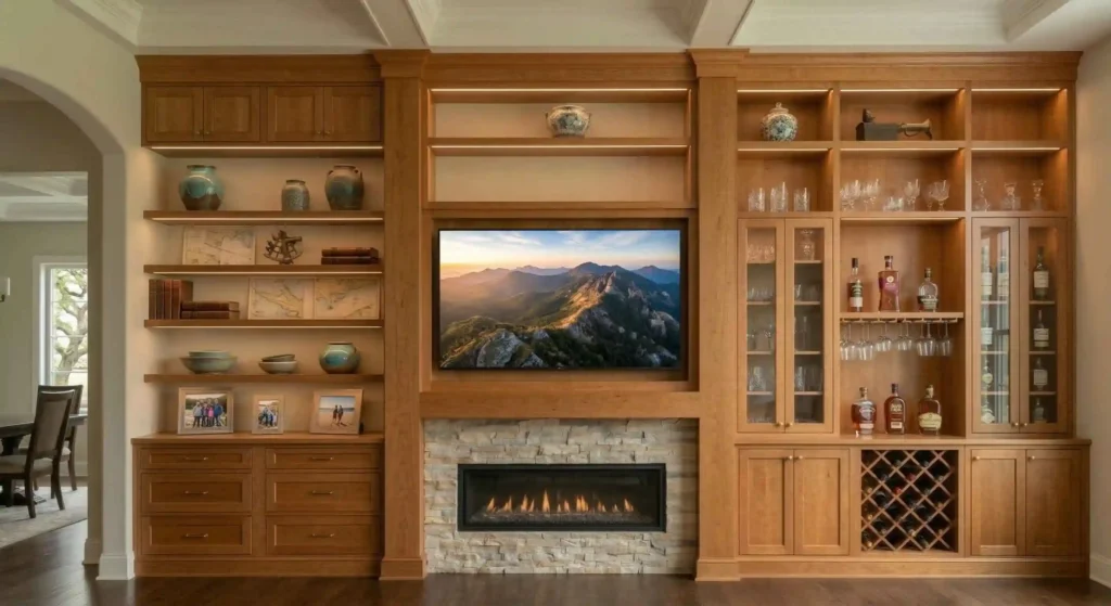 built-in shelving surrounding a fireplace in a living room.