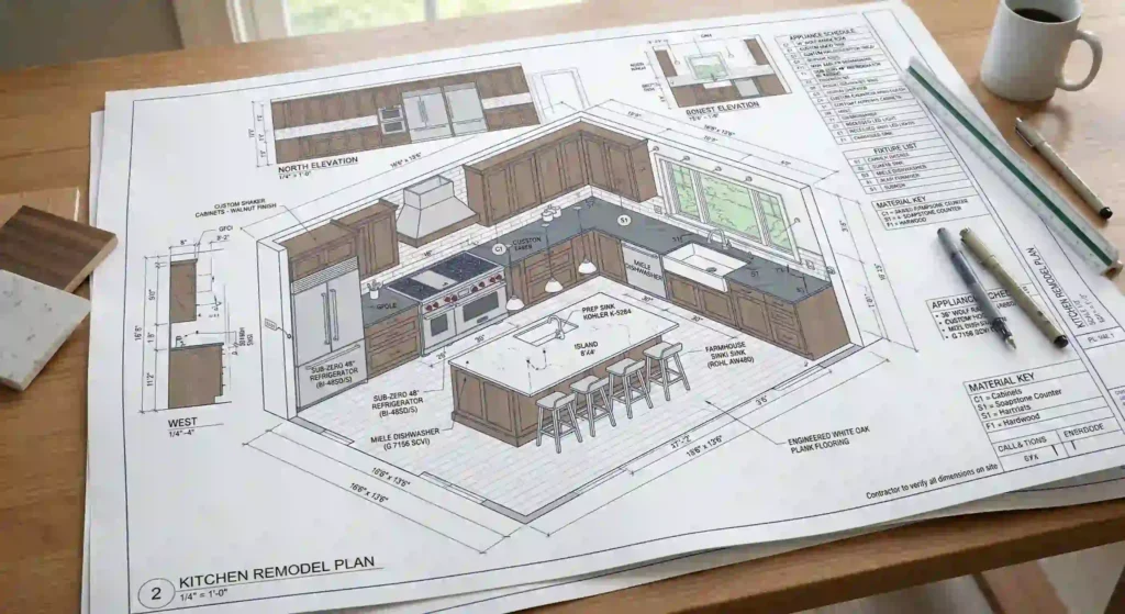 kitchen remodeling blueprint or design plan.