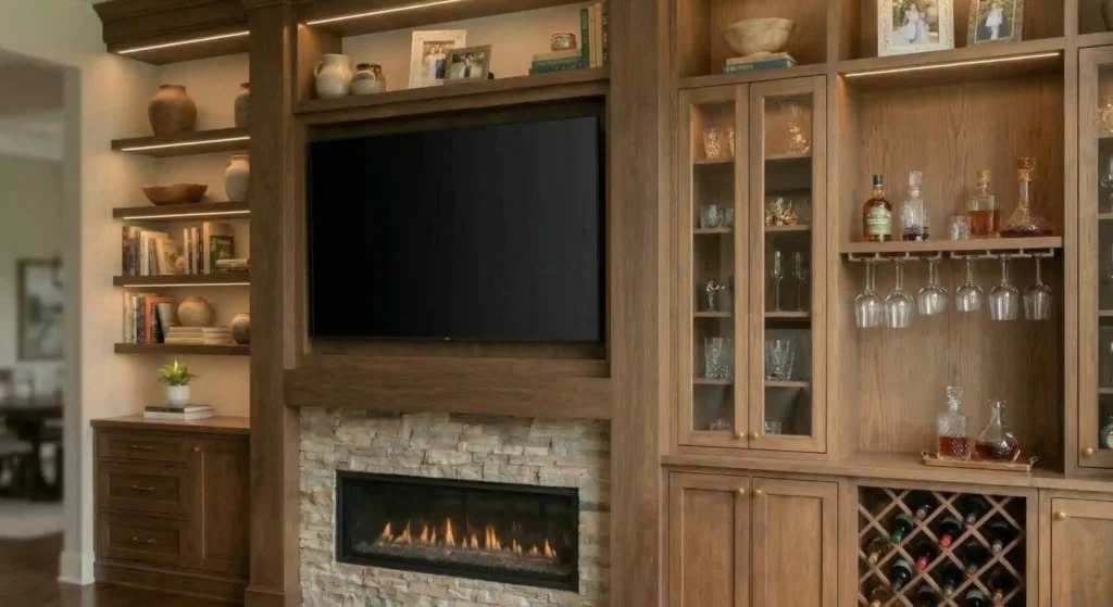 media wall with floating shelves and decorative lighting.