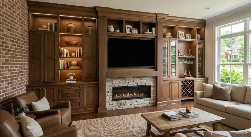 modern living room with a floor-to-ceiling built-in media wall and shelving.