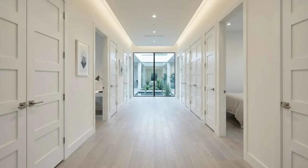 clean, modern hallway with matching doors