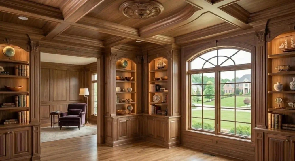 custom-built wooden cabinets in living room