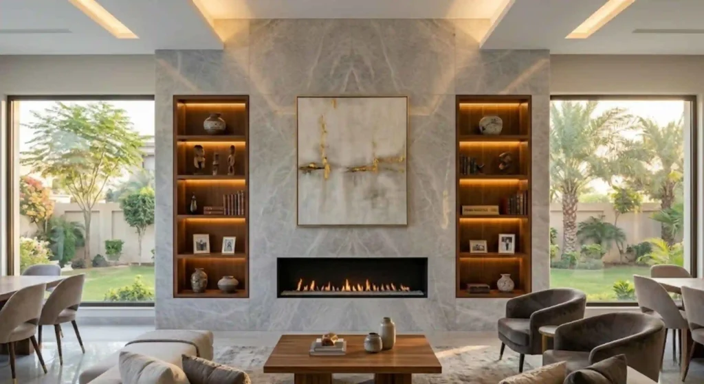 modern fireplace with built-in shelving