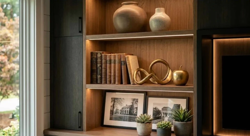 Close-up of built-in shelving with décor and lighting