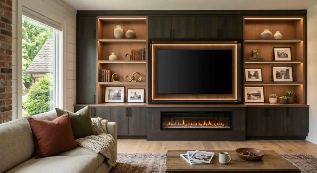 Modern built-in media wall with LED lighting in Franklin home