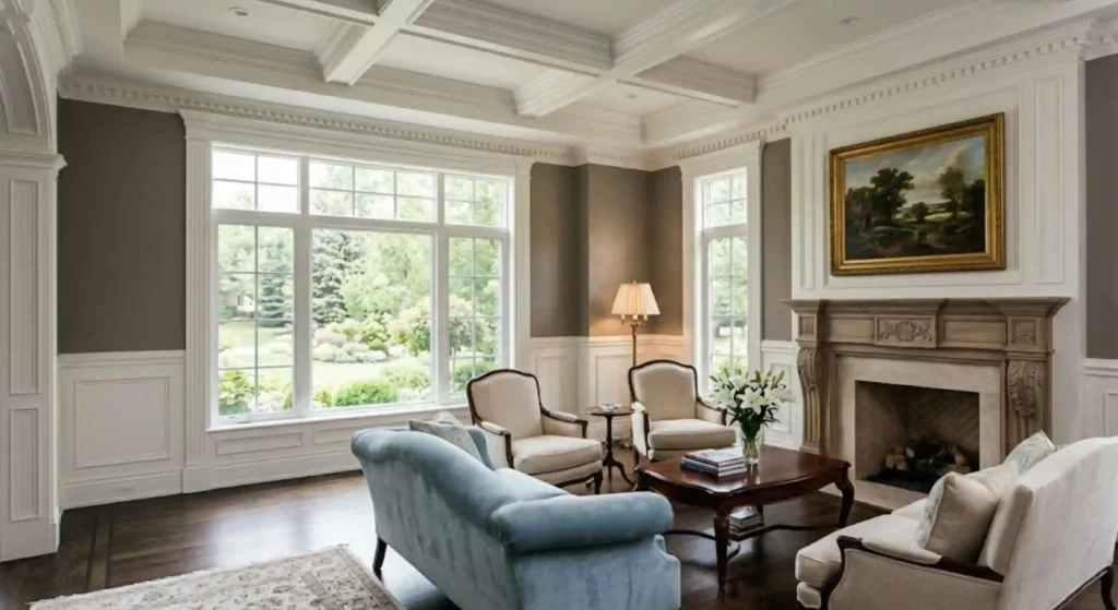 elegant Franklin living room with crown molding and wall trim