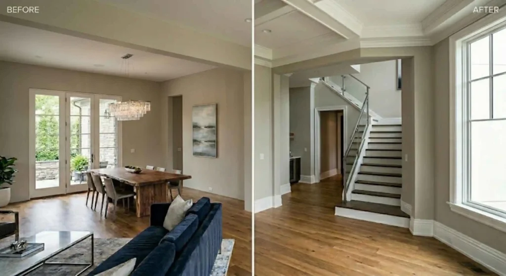 Before and after trim upgrade transformation in Franklin living room