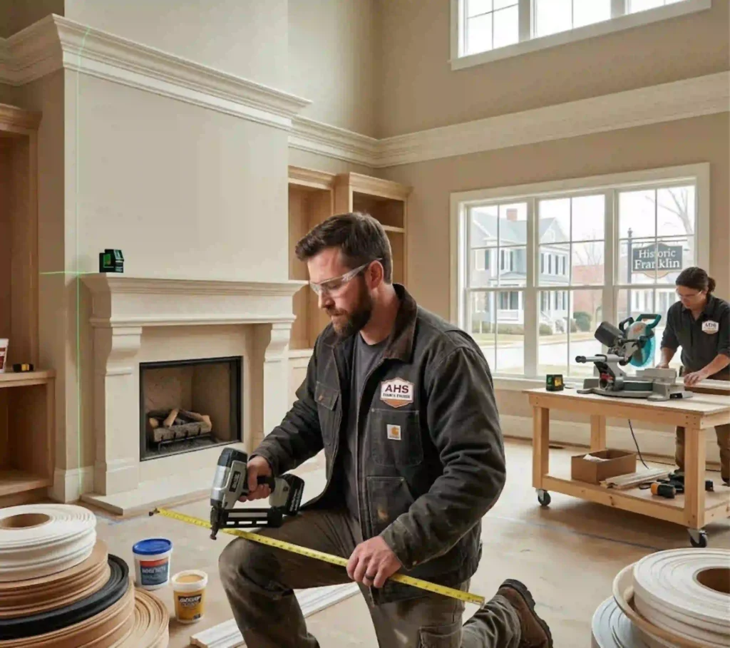 Carpenter installing custom trim and molding in Franklin home