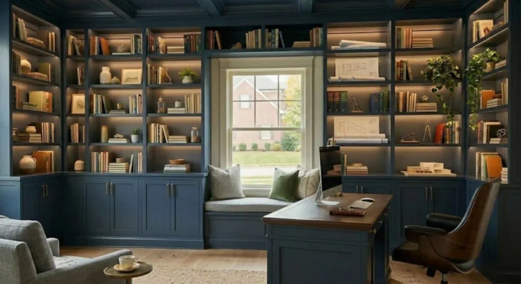 Custom carpentry project featuring built-in home office shelving
