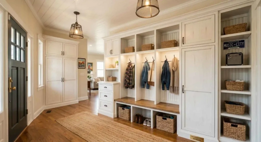 Custom mudroom built-ins installed in Nashville home
