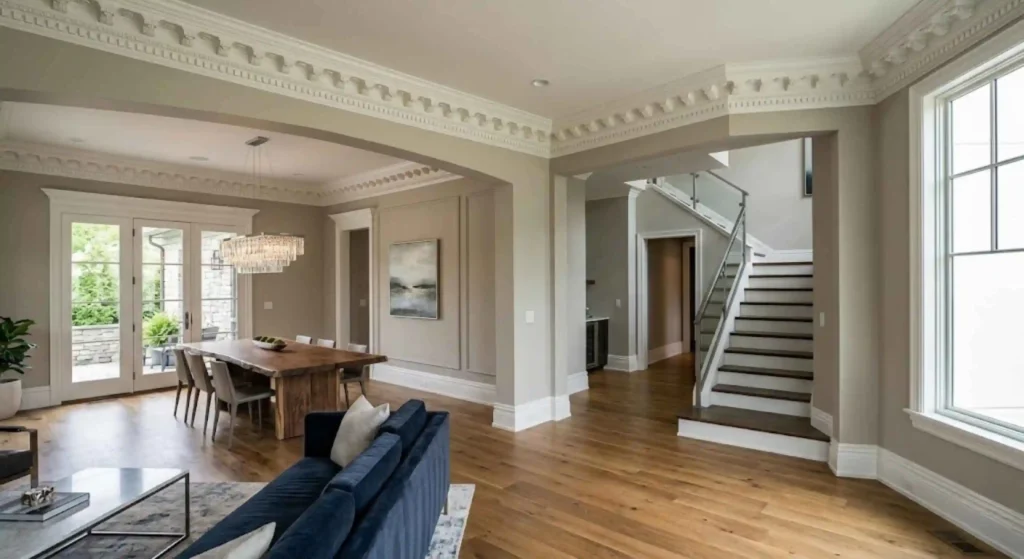 Decorative crown molding and baseboards in modern Franklin interior