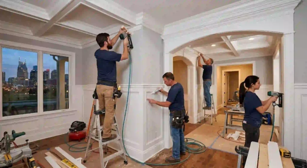 Finish carpentry team completing custom trim installation in Nashville TN