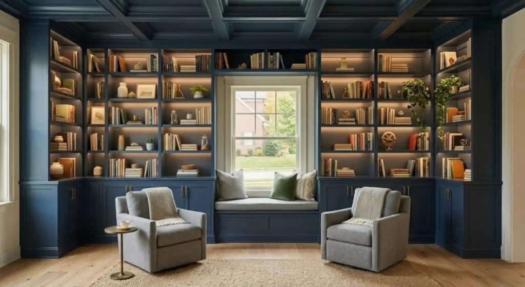 Floor-to-ceiling custom bookshelf and storage system