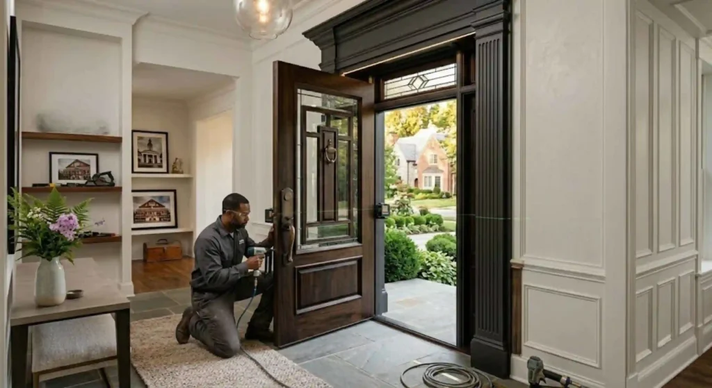 Trim carpentry specialist installing door casing and hardware in Nashville home