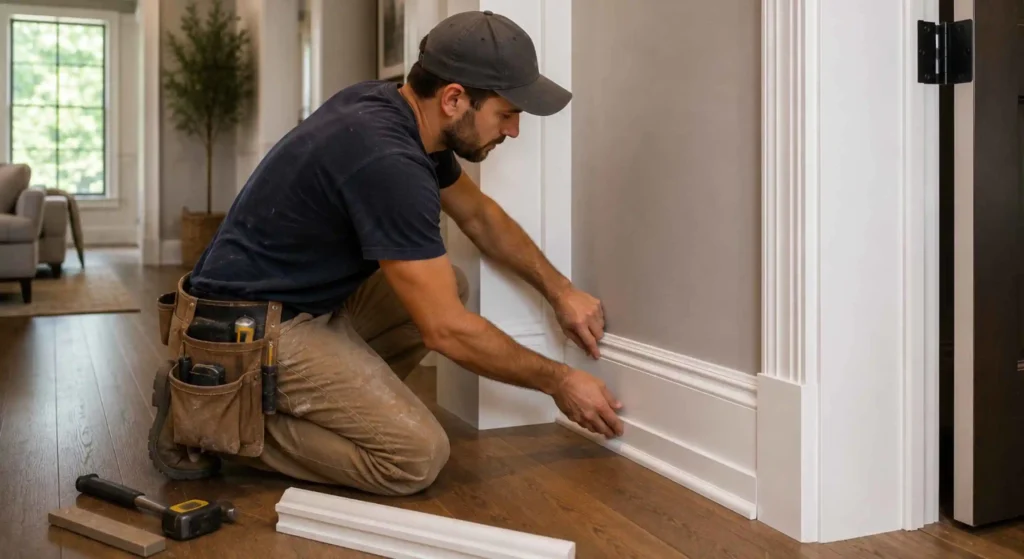 Craftsman installing custom baseboards and door casing in Brentwood residence