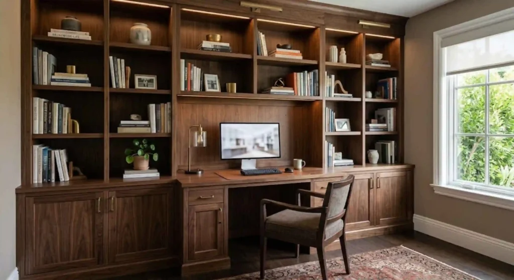 Custom office built-ins and shelving in Brentwood home office