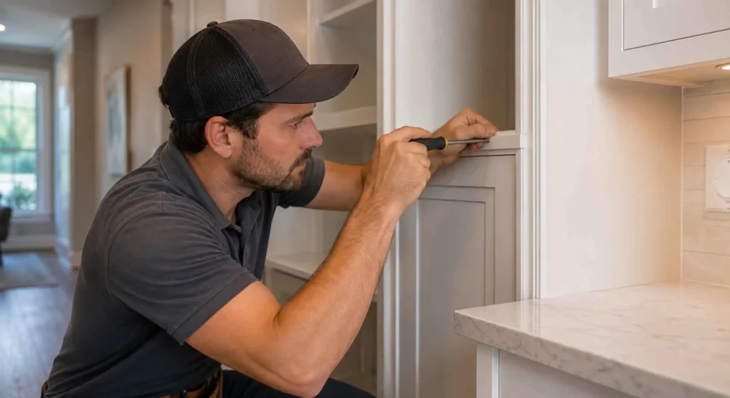 Technician making cabinet and trim finish adjustments in Nashville