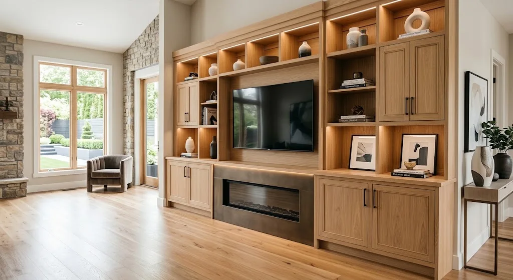 Custom entertainment wall with fireplace surround and built-in shelving in Franklin