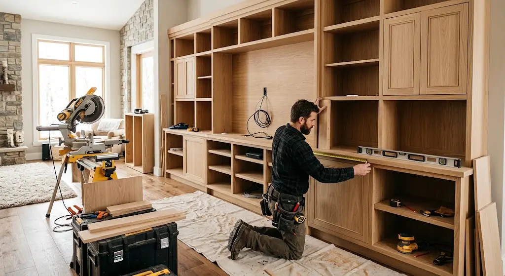 Finish carpenter measuring custom entertainment wall cabinetry in Franklin TN