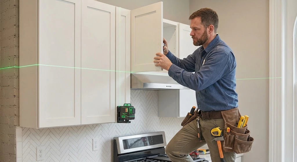 Franklin cabinet installer leveling and securing upper kitchen cabinets