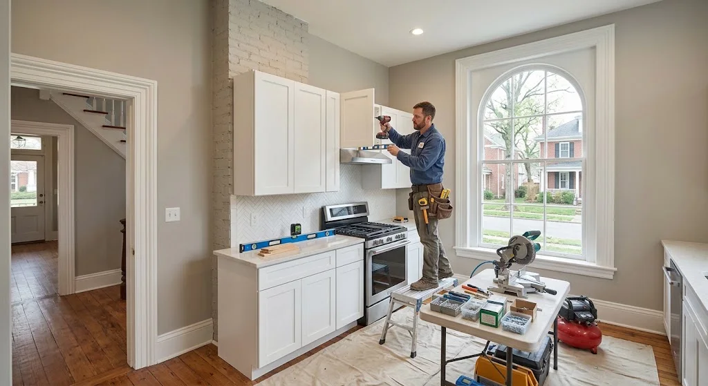 Professional installing kitchen cabinets in a Franklin TN home