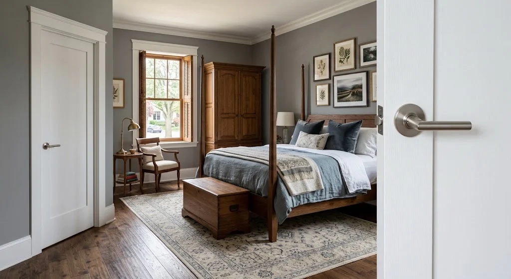 Finished bedroom with custom interior door and trim in Franklin TN