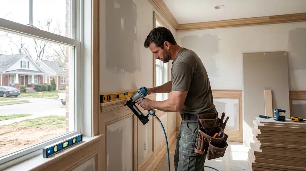 Professional carpenter installing custom interior trim in Nashville
