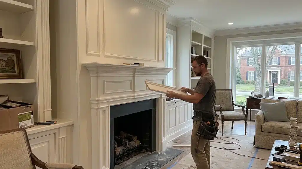 Professional finish carpenter installing custom Fireplace trim in Nashville