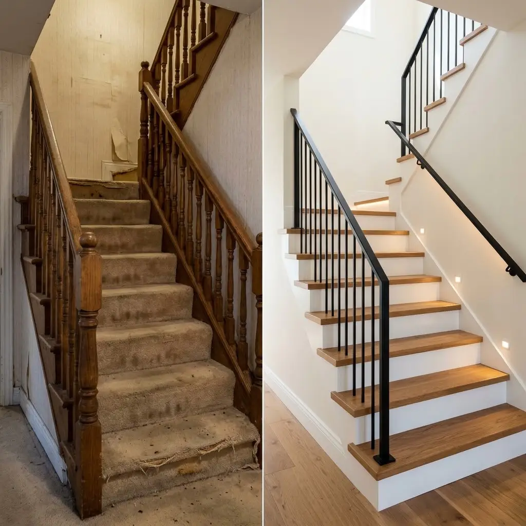 Before-and-after staircase trim upgrade in a Brentwood residence