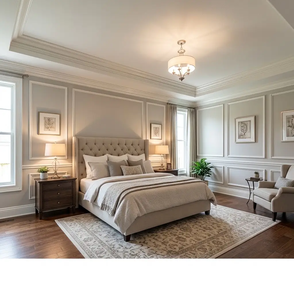 Completed Nashville Master Suite with coordinated architectural trim and decorative wall molding.