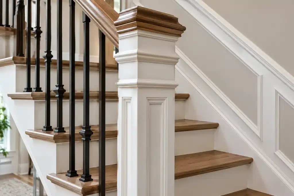 Custom staircase molding and wood rails installed by trim professionals