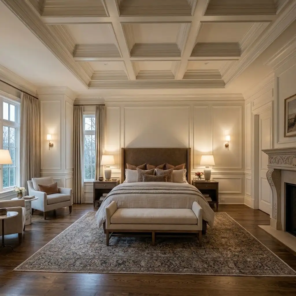 Decorative wall paneling and custom wood trim in a professionally finished Nashville Master Suite.