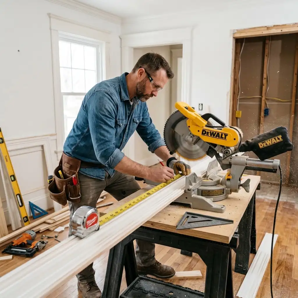 Finish carpenter measuring Wood Trim for a Nashville interior restoration project