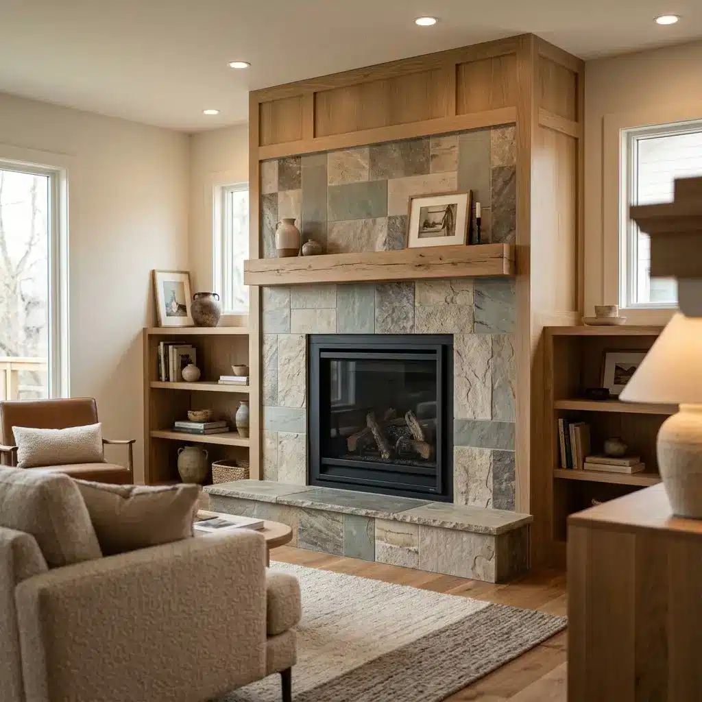 Fireplace tile installation coordinated with custom mantel and finish carpentry in a Nashville home.