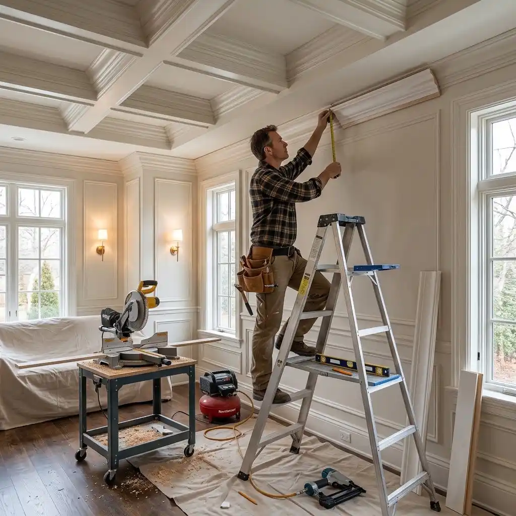 Professional finish carpenter installing precise crown molding for a Nashville Master Suite trim upgrade.