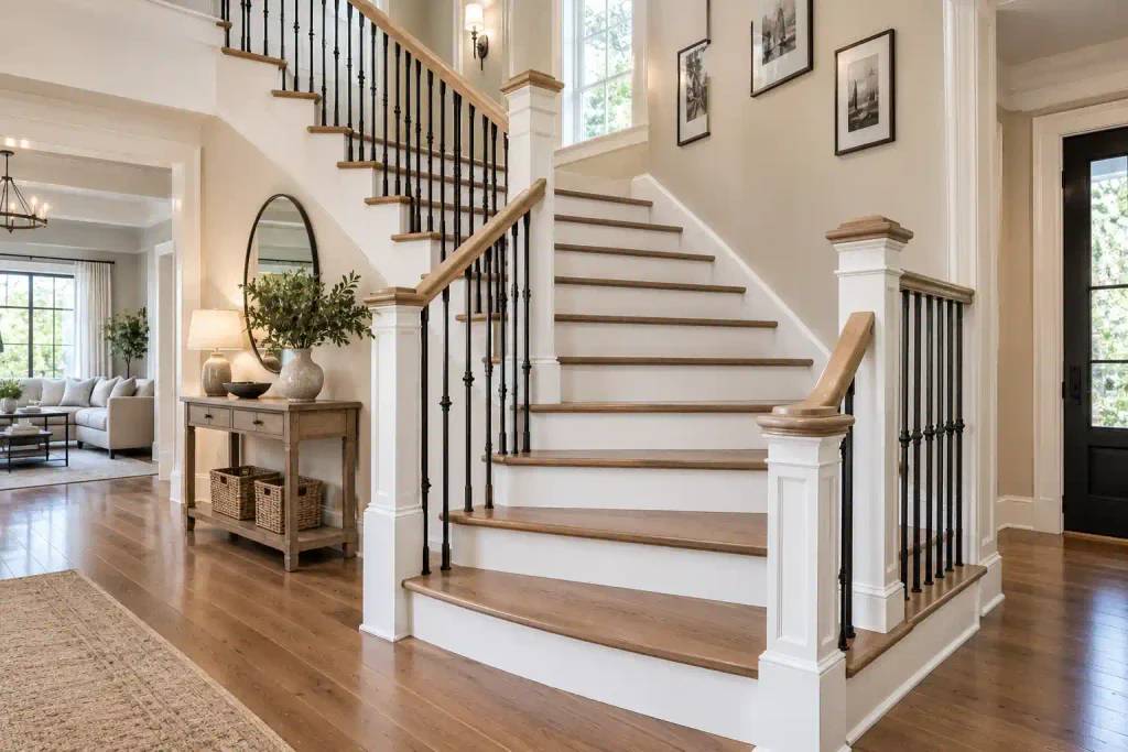 Professional staircase trim and rails in a Brentwood home